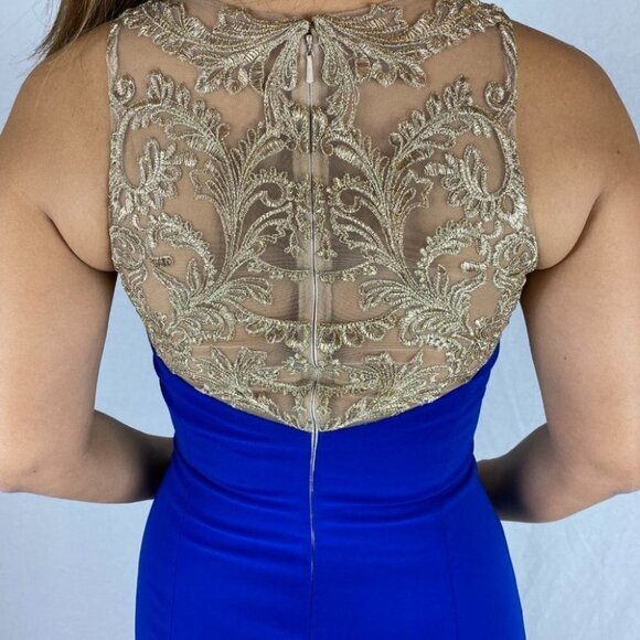 Marchesa Notte Blue Gold Lace Formal Gown $995 - Picture 7 of 11